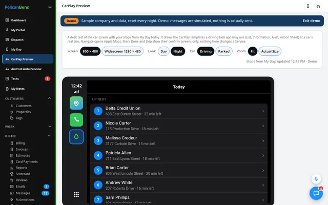CarPlay preview of the day's stops (demo company)