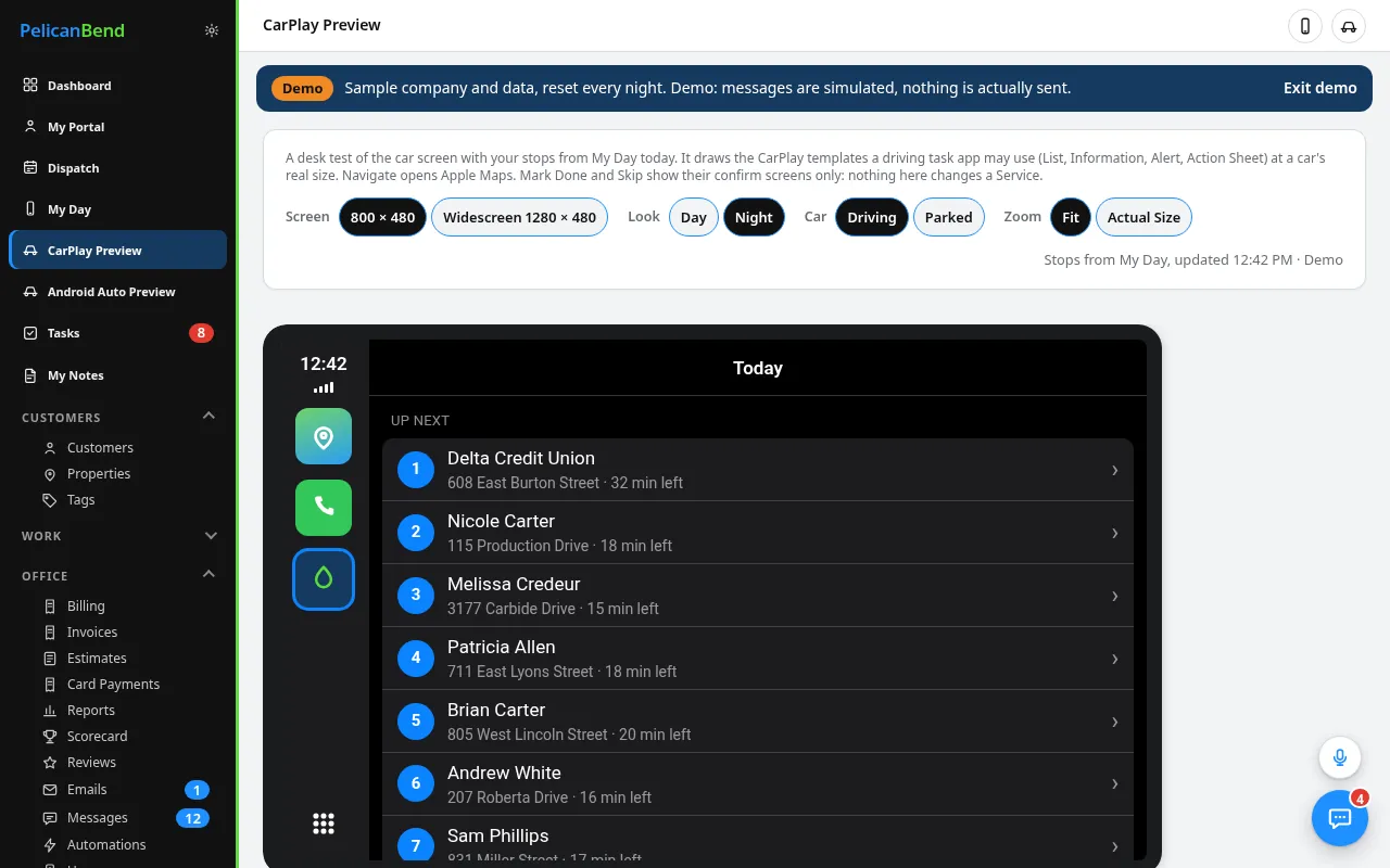 CarPlay preview of My Day (demo company)