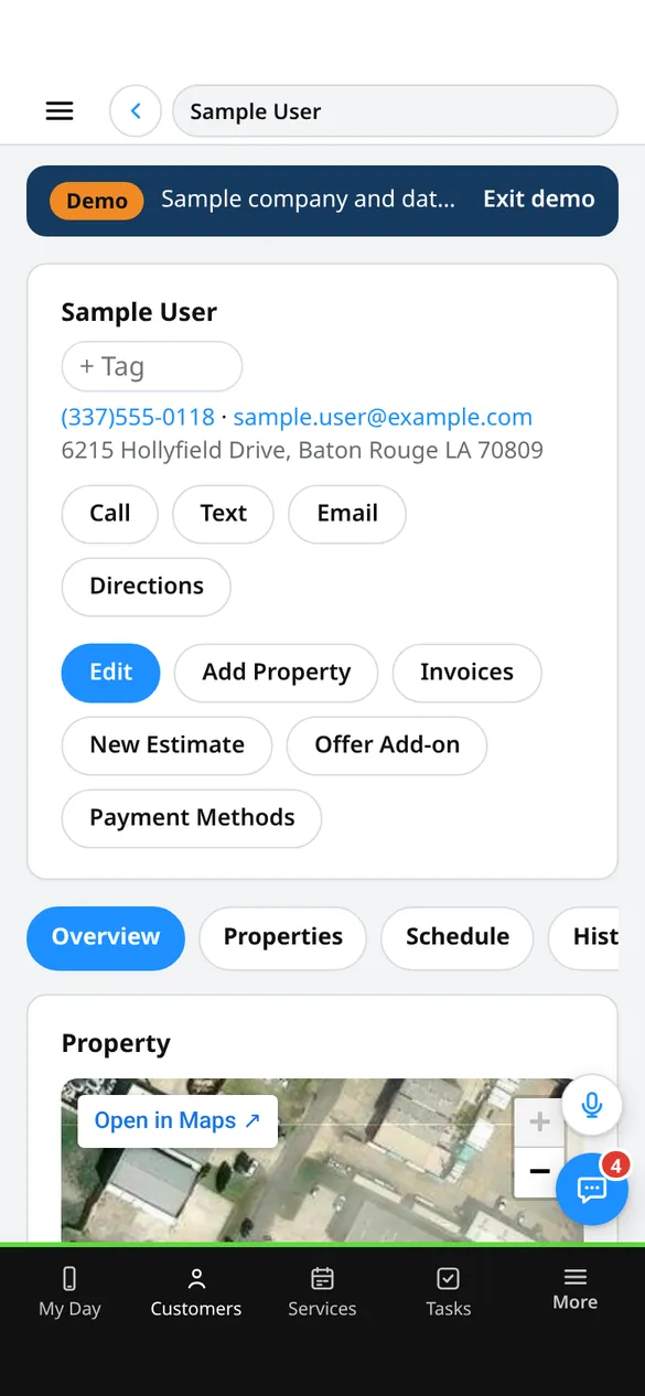 Customer page on a phone (demo company)