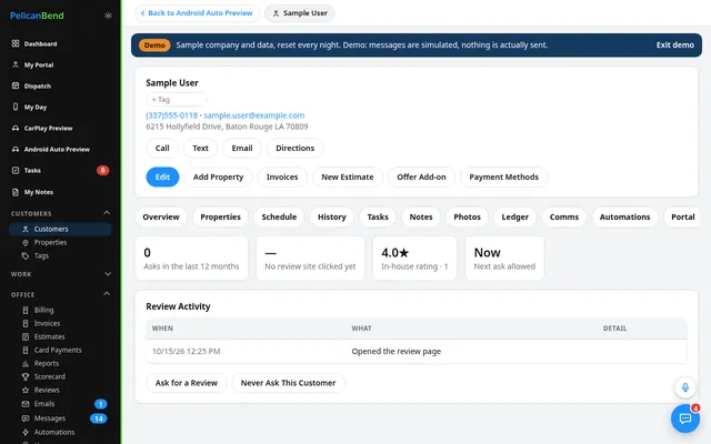 A customer's Reviews tab (demo company)