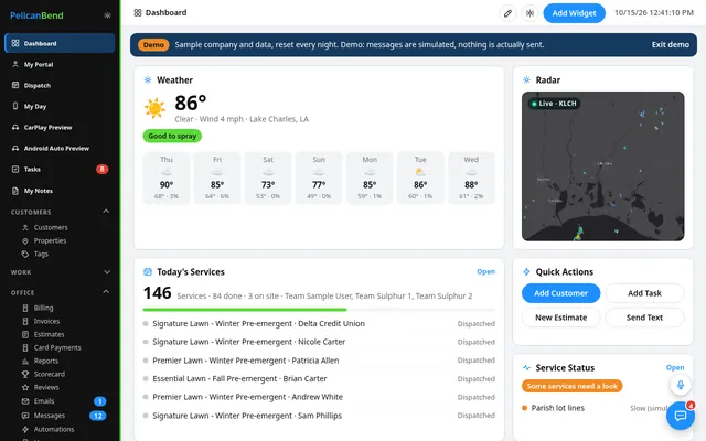 Dashboard with weather, radar and today's Services (demo company)