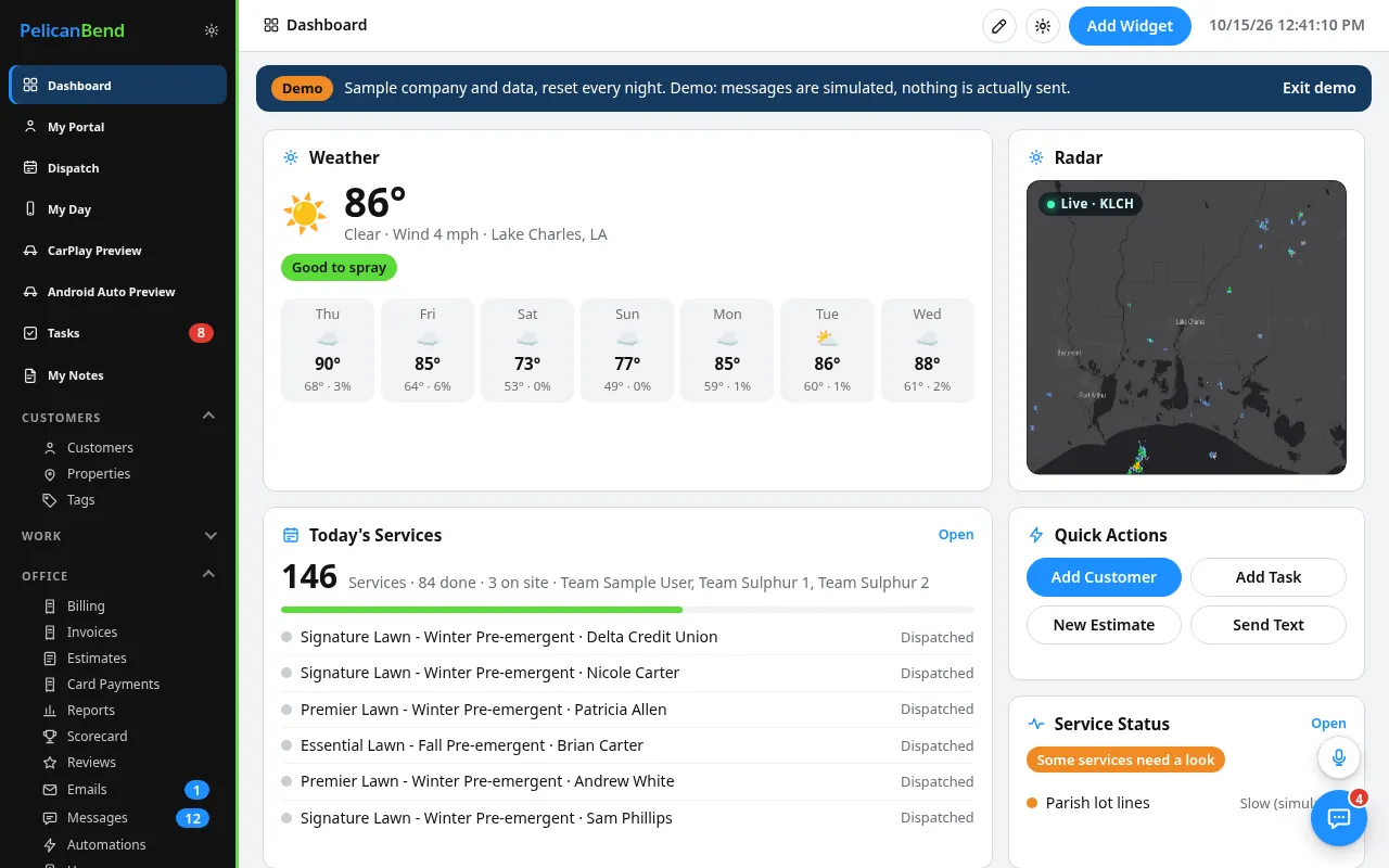 The Dashboard with weather, radar, today's Services and widgets (demo company)