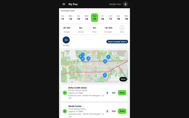 My Day: route map and the day's stops (demo company)
