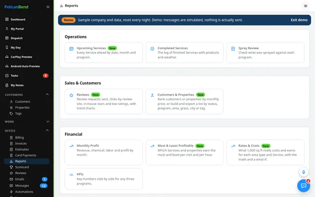 Reports: operations, sales, finance (demo company)