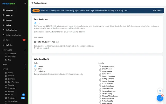 Text Assistant settings for staff (demo company)